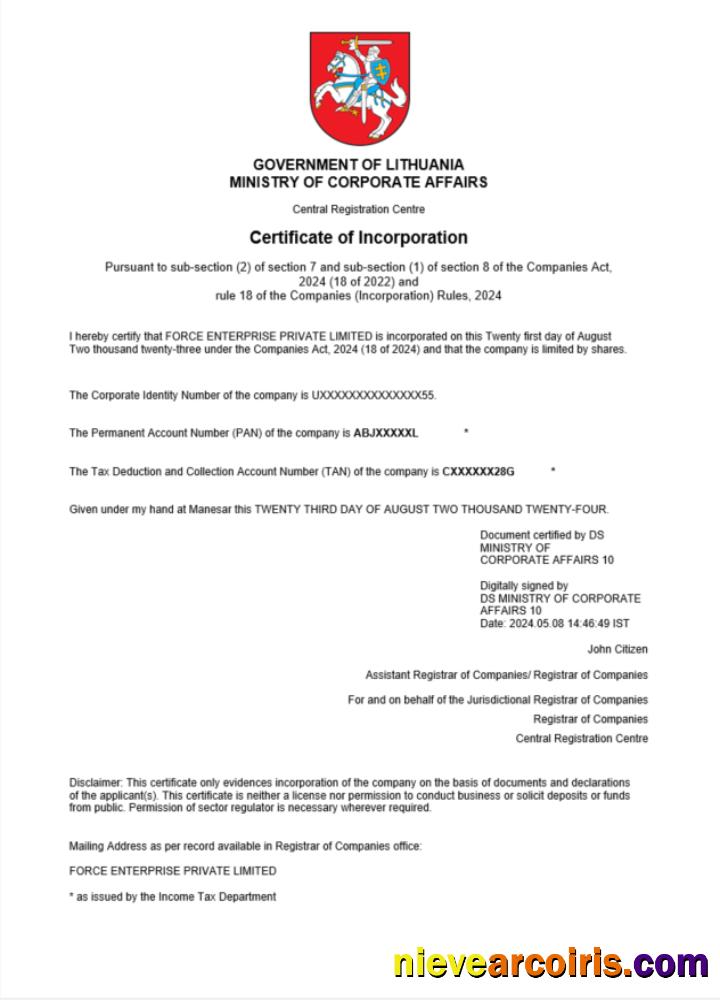 Lithuania  company registration certificate